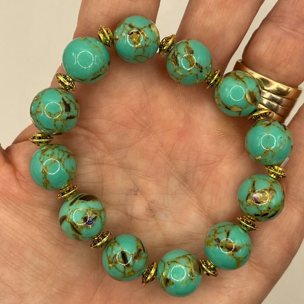 Sea Shell Turquoise 12mm Beads Beaded Stretchy Bracelet NEW